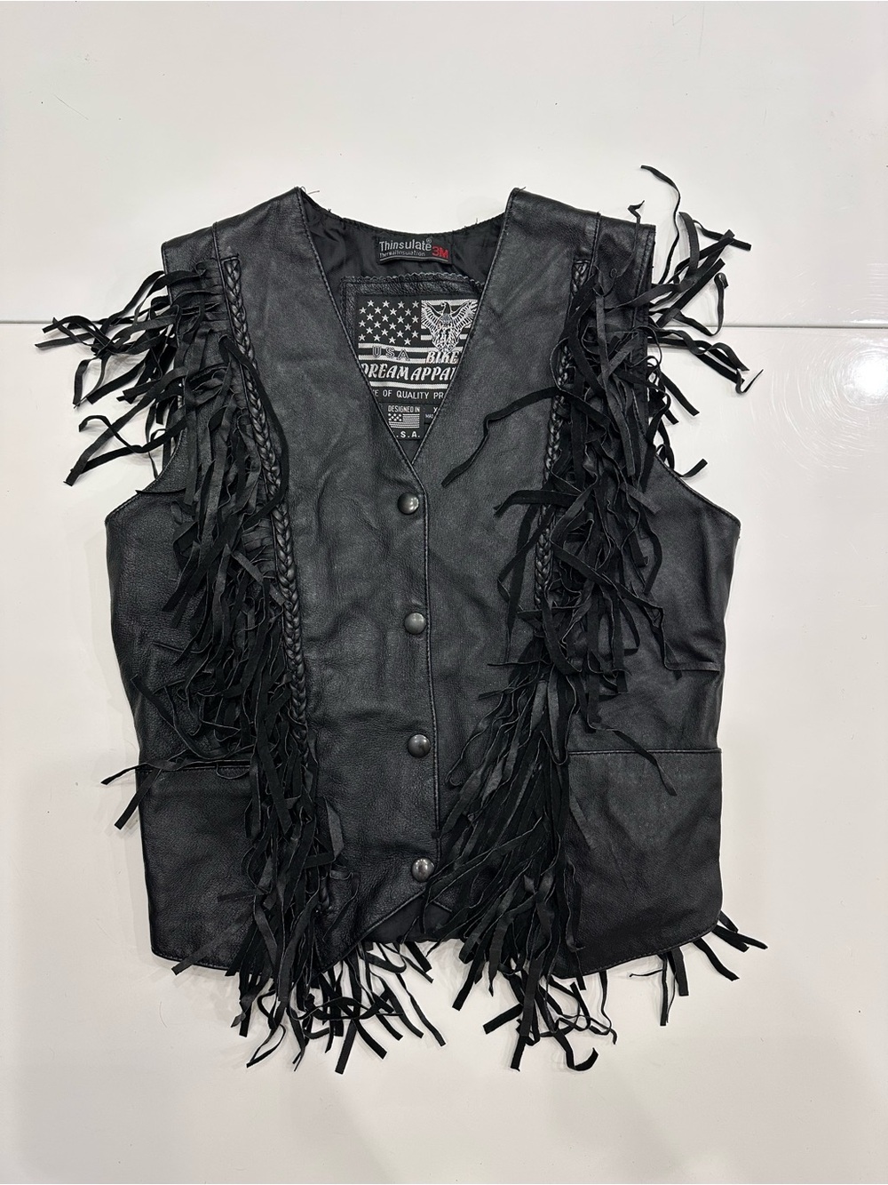 Dream Apparel Black Leather Fringe Motorcycle Vest Womens XS Braided Biker